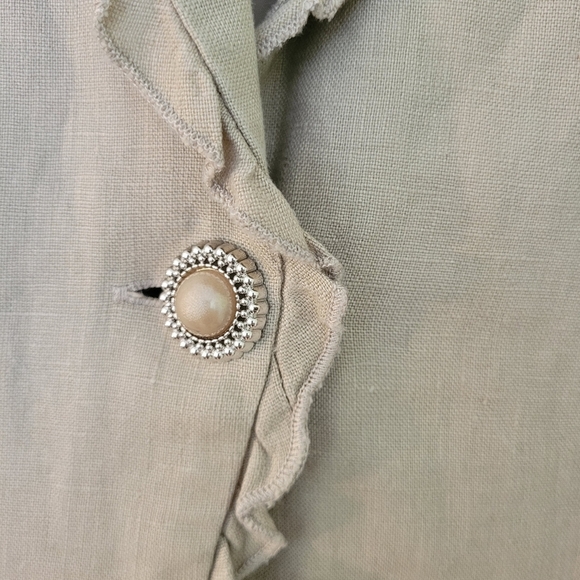 Peck & Peck Tan Linen Blazer One Button Closure Lined Ruffle Detail Size XL - Picture 3 of 12
